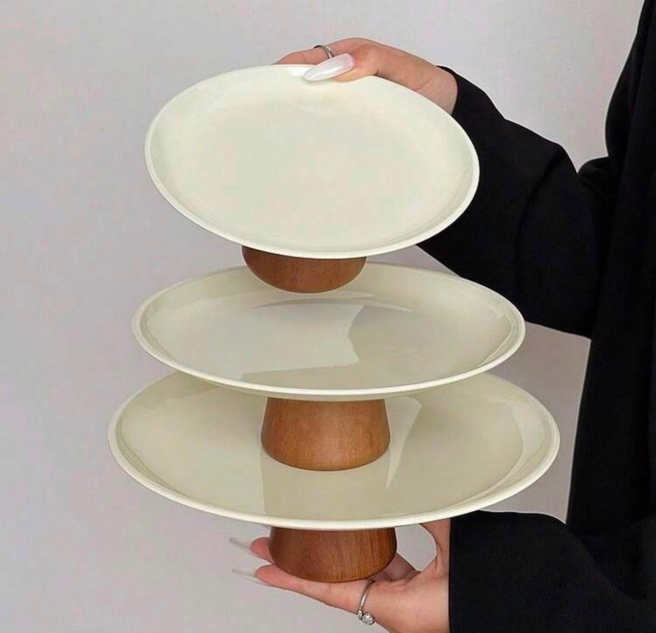 Tall Fruit Bowl / Cake Stand With Wooden Base
